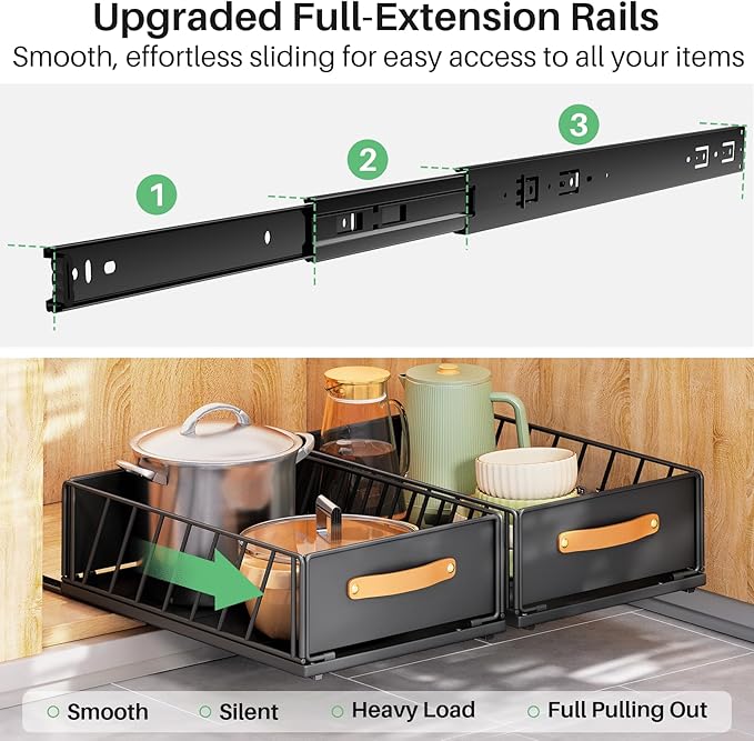 Pull out Cabinet Organizer Fixed with Adhesive Nano Film,Heavy Duty Slide out Pantry Shelves Drawer Storage,Sliding Mesh Cabinet Basket with Handle for Kitchen, Bathroom,Home, 9.8"WX 15.7"D X 6.2"H