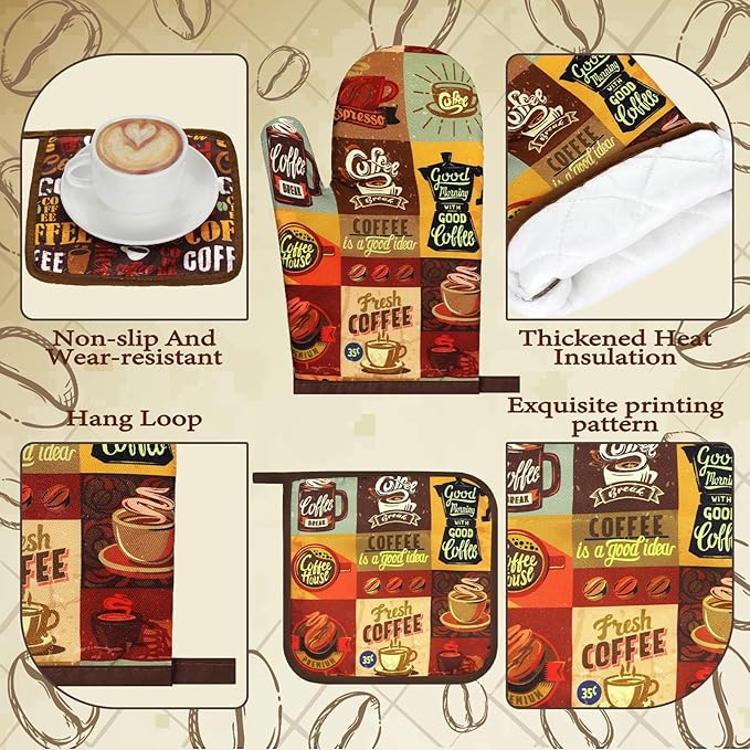 10 Pcs Coffee Kitchen Decor and Accessories Coffee Oven Mitts and Pot Holders Set Dish Towels Farmhouse Kitchen Decor Retro Brown Gloves for Chef Baking Cooking Grilling BBQ Women Gift