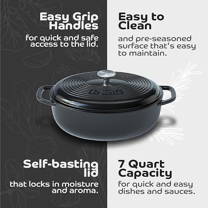 Segretto Cookware Enameled Oval Cast Iron Dutch Oven with Handle, 7 Quarts, Nero (Black), 7qt Cast Iron Pot with Lid | Enamel Dutch Oven for Bread Baking, Ceramic Pots for Cooking, Soup