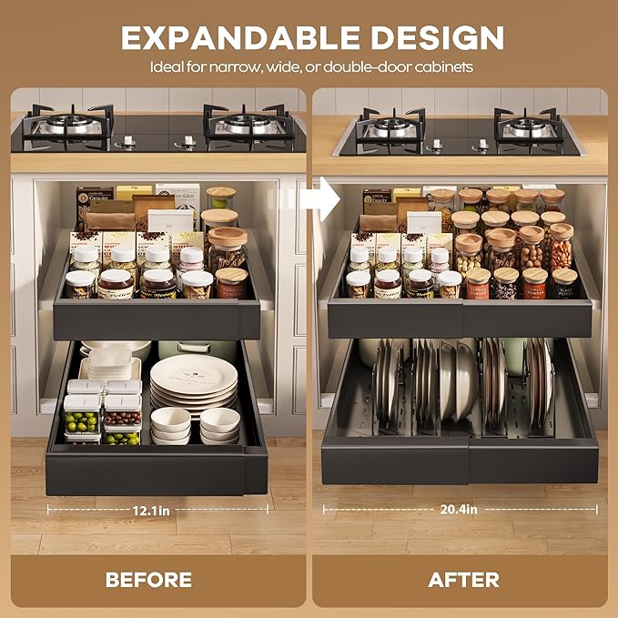 4 Pack Pull out Cabinet Organizer 21"Deep with Raising Pad for Framed Cabinets, Expandable Slide out Drawers for Kitchen Cabinets with 4pcs Divider Racks, Roll out Shelves 12.1"-20.4" W Black