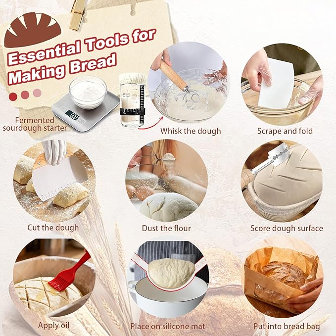 Sourdough Starter Kit with Scale, Glass Jar and Banneton Bread Proofing Basket - Complete Sourdough Bread Baking Supplies, Sour Dough Making Essentials Tools, Gift for Bakers Beiginner Women Wife Mom
