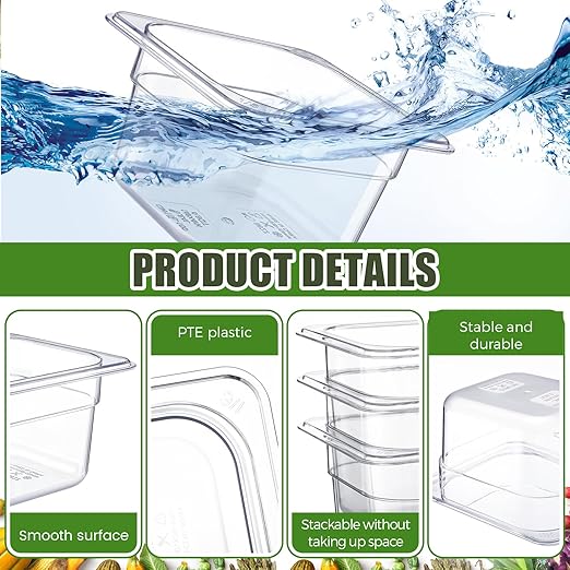 Rtteri 22 Pcs 1/6 Size Clear Plastic Pans Set: 16 Food Prep Containers & 2 Tongs & 4 Spoons for Salad Bar Buffet Restaurant Hotel Commercial Home for Fruit Vegetable Sauce Bean Corn Deli(4 Inch Deep)