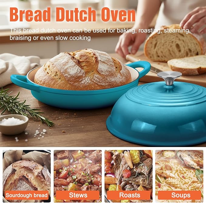 Enameled Round Cast Iron Bread Oven, 6 Qt Cast Iron Dutch Oven for Homemade Sourdough Bread Baking, Bread Dome Pot with Cloche Lid (Blue Green)