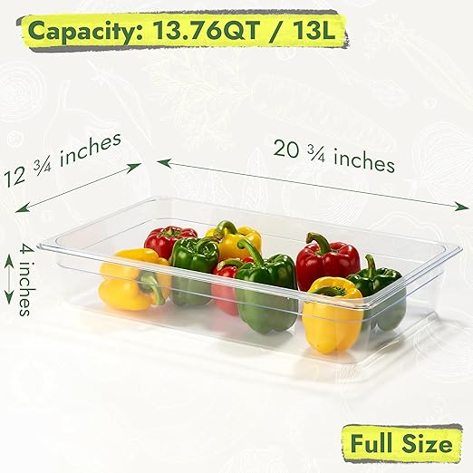 CURTA 4-Pack Full Size 4" Deep NSF Polycarbonate Food Pans with Handled Lids & Drain Trays | Dishwasher & Freezer Safe Clear Container for Prep Tables, Buffet, Salad Bar, Commercial & Home Kitchen