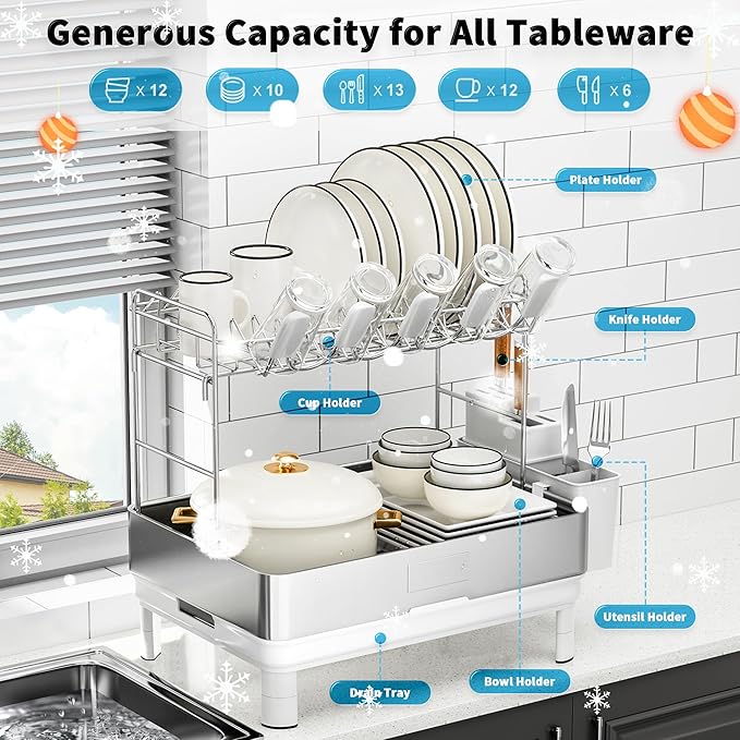 Ewaiira Large Dish Drying Rack, 304 Stainless Steel Dish Racks for Kitchen Counter, Automatic Drainage Spout, Rustproof Kitchen Dish Drainers with Drainboard, Utensil Holder & Glass Holder, White