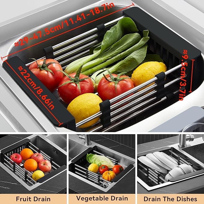 Cyrank Over The Sink Dish Drying Rack, Expandable Over Sink Grill Telescopic Drain Basket Kitchen Rack Drain Basket Sink Drying Rack(L#Black)