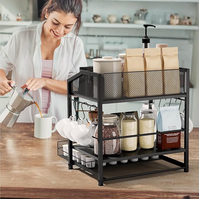 Coffee Bar Organizer - Countertop Coffee Station, 42 K Cup holder Storage Basket with Drawer and Hooks for Syrup, Cups, Stirrer, Condiment, Tea Organizer, Black