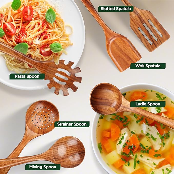 ANBUY 6 Pcs Wooden Kitchen Utensil Set, Wooden Spoons for Cooking, Heat Resistant BPA Free Wood Turner Wok Spatulas & Ladle Set, Skimmer Strainer for Spaghetti, No Scratch & No Stick for Cookware