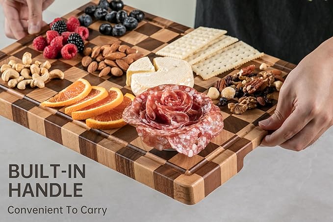 End Grain Cutting Boards for Kitchen, Wooden Cutting board, Acacia Wood Chopping Board with Juice Groove & Handle, Butcher Block for Meat, Bread & Fruit, 14"L x 11"W x 0.8"Th