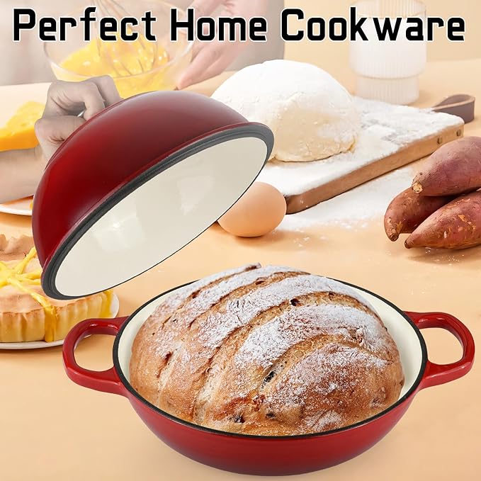 Enameled Cast Iron Bread Oven, Dutch Oven Pot with Lid, 10" Bread Dutch Oven for Sourdough Bread Baking, 6 Quarts Bread Pan with Dome Lid, Non-stick Cookware for Homemade Bread, Red