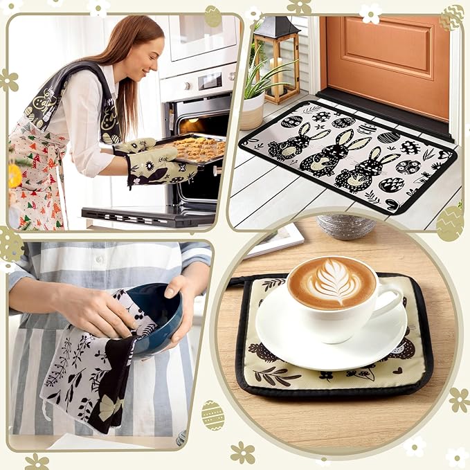 10 Pcs Easter Kitchen Decor Set Easter Kitchen Towels Oven Mitts and Pot Holder Spring Bunny Eggs Flowers Rugs and Mats Black Rabbit Gloves Potholders for Farmhouse Rustic Baking Cooking BBQ