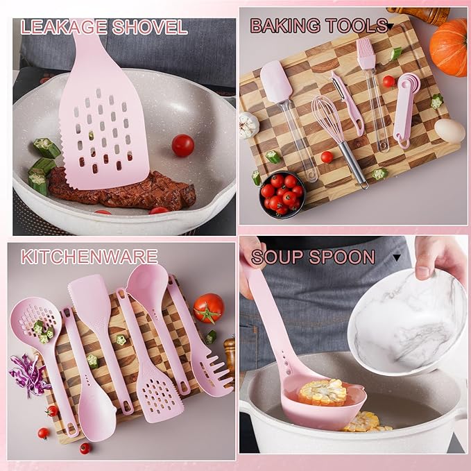 Kitchen Utensils Set,Caliamary 19 PCS Cooking Utensils Set with 360° Rotating Holder,Non-Stick Heat Resistan Kitchen Tools and Gadgets with Anti-slip Handle,Silicone One-Piece Molding (Pink)