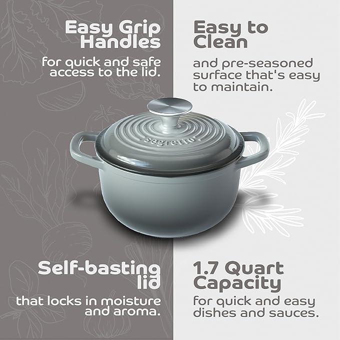 Segretto Cookware Enameled Cast Iron Dutch Oven Pot with Lid Grigio Scuro (Gradient Gray) 1.7 Quarts Dutch Oven Cast Iron with Handle 1.7 qt for Bread Baking