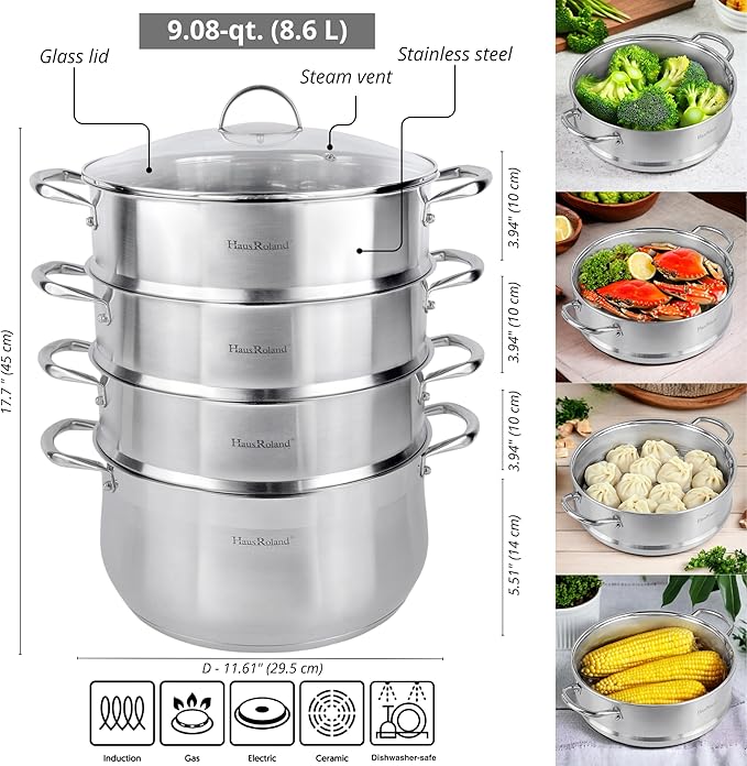 3-Tier Stainless Steel Steamer Pot with Lid Dumpling Steamer Pot for Cooking (3-tiered), Multi-Layer Cookware Pot, Food Vegetable Cooking Pan with Stackable Pan Insert for Vegetable, Dumpling, Meat, Dishwasher safe, Induction Safe (Silver, 9.08-qt. (8....