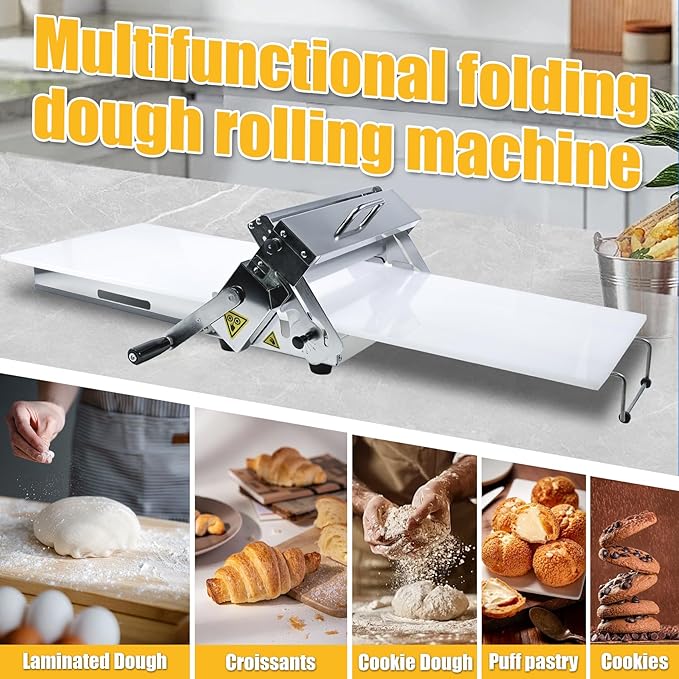 Folding Dough Sheeter (15.5")，Dough Sheeter，Counter Top Dough Sheeter，Manual Dough Sheeter，Commercial Dough Roller Sheeter，Dough Machine With Adjustable Thickness, Stainless Steel（1 Rolling Boards）