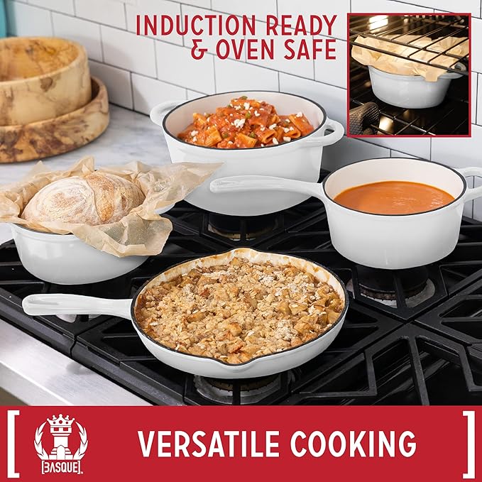 Basque Enameled Cast Iron Cookware Set (Blanc White), 7-Piece Set, Nonstick, Oversized Handles, Oven Safe; 10.25" Skillet, 2QT Saucepan, 2.25QT Small Dutch Oven, 4.75QT Large Dutch Oven