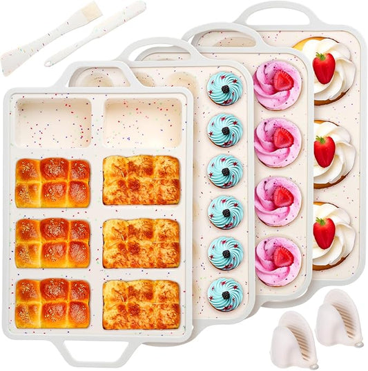 7 Pcs Silicone Baking Pan Set with 4 Molds (Loaf, Muffin, Mini Muffin, Round), Spatula, Dual-head Pastry Brush Oven Mitts Nonstick for Cupcakes Brownies Bread, Confetti Design