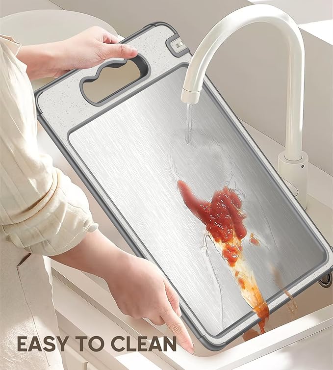 Stainless Steel Cutting Board,2-in-1 Cutiing Board Stainless Steel & Wheat Straw PP,Double Sided Chopping Board for Kitchen,Anti-Slip Silicone Edges,Juice Groove,Dishwasher Safe(Grey,14.4"L*9.8"W)