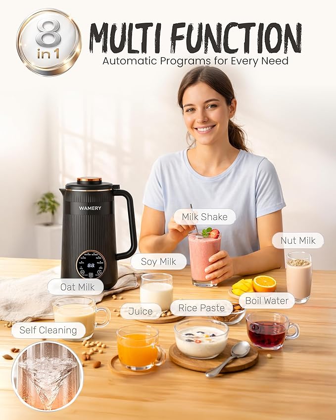 Wamery 32oz Nut Milk Maker Machine (Black) - Soy Milk Maker for Almond & Oat, Automatic Heated Programs, Self‑Cleaning, Delay Start, Keep Warm & Boil Water, 1‑Liter Capacity with Starter Accessories