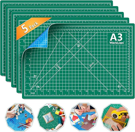 WORKLION Self Healing Cutting Mat - 12 x 18 inch Double Sided 5-layer Gridded Rotary PVC Cutting Board, for Sewing, Quilting, Scrapbooking and Arts & Crafts Projects (5 Pack)