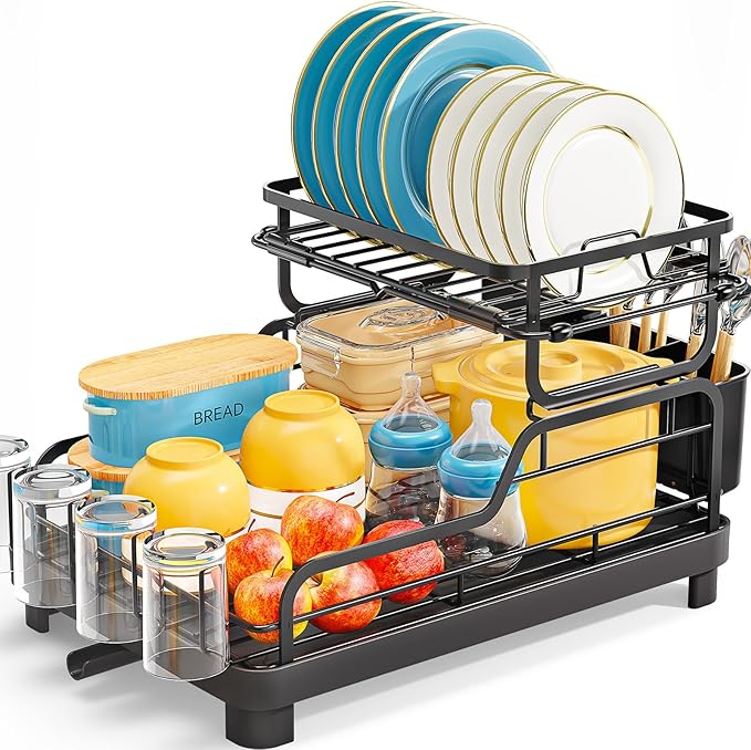 TOOLF Dish Drying Rack,2 Tier Dish Drying Rack with Large Drainboard,Dish Racks for Kitchen Counter and Sink,Stainless Steel Dish Drainers with Cup ＆ Utensil Holders,Black
