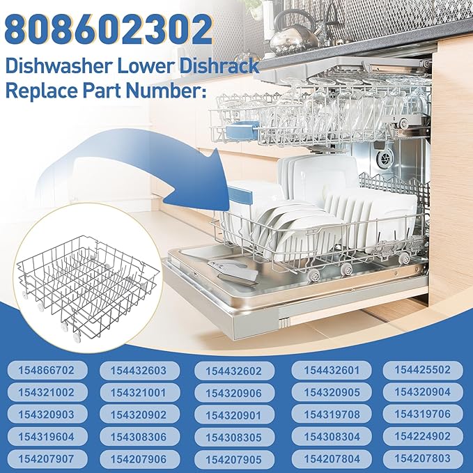 UPGRADED 808602302 Lower Dishrack Assembly Compatible with frigidaire & kenmore Dishwashers Rack,Dishwasher Lower Dishrack With 154174501 Wheels Replaces 154432602 154432601 Dishwasher Bottom Rack