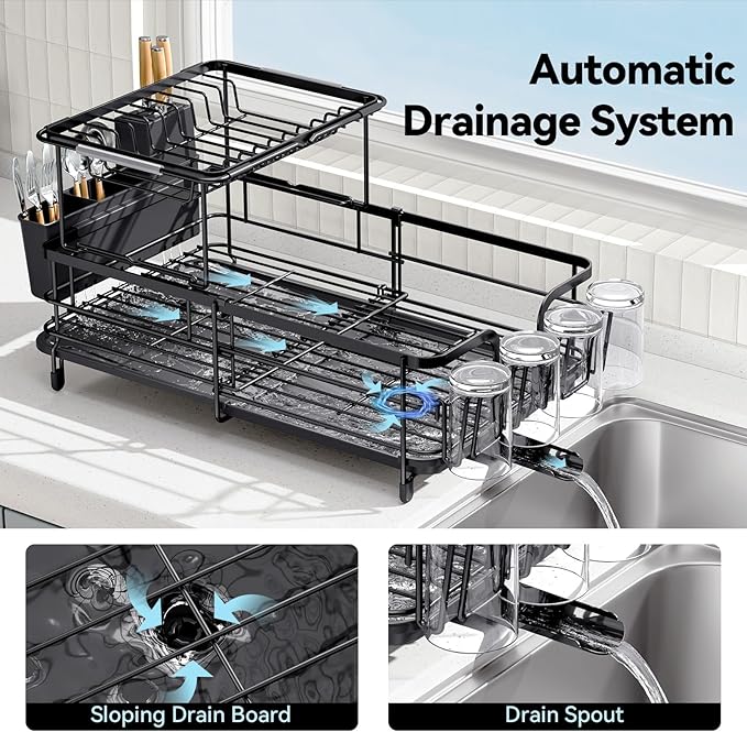 2 Tier Dish Drying Rack, Expandable Two Tier Dish Rack for Kitchen Counter, Extendable Over The Sink Dish Drainer, Large Multifunctional Dish Strainer with Removable Top Shelf for in Sink Use, Black