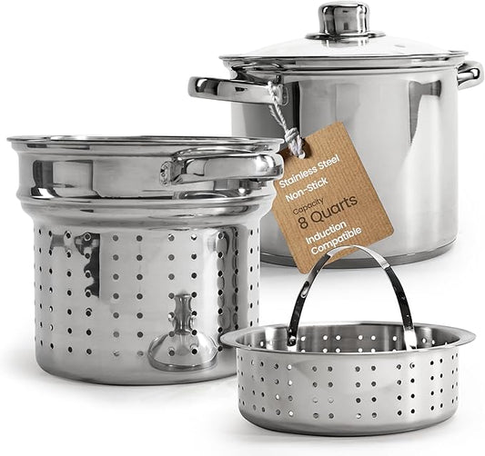 Culinary Edge Stainless Steel 8-Quart Nonstick 4-Piece Multi-Cooker with Steamer and Pasta Pot Cookware Set