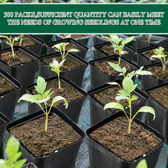 Nuanchu 500 Pack 2 Inch Square Nursery Pots, Small Plastic Seedling Pots with Drainage Holes, Mini Planting Planters for Garden Outdoor Indoor Flower Succulent Vegetable Starting Seedlings, Black