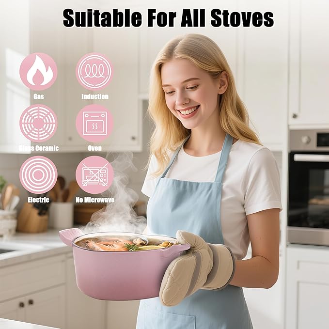Mabeeze Heart-Shaped Enameled Cast Iron Dutch Oven 2-Quart Casserole Pot with Lid, Gradient Pink Nonstick, Oven-Safe, Compatible with All Cooktops Ideal for Baking, Braising & Serving