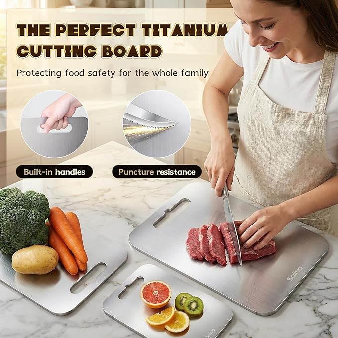 Saliva Titanium Cutting Boards for Kitchen, Cutting Board Double Sided Food Grade, Dishwasher Safe, No Blunt Knife, Chopping Boards with Handle for Meat, Fruit & Vegetable (12x9in)