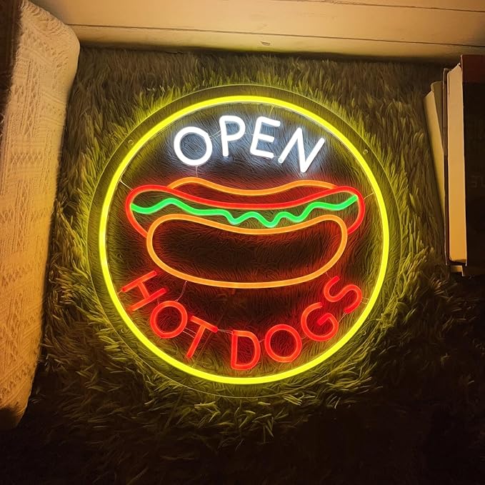 Open Hot Dogs Neon Signs Dimmable LED Neon Lights for Restaurant Business Signs for Fast Food Shops Accessories Light Up Sign for Snack Bar Wall Decor