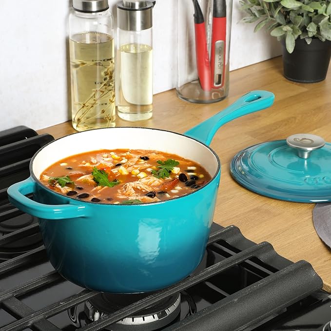Crock-Pot 3-Quart Teal Ombre Enamel Cast Iron Saucepan with Lid – Durable Oven Safe Cookware
