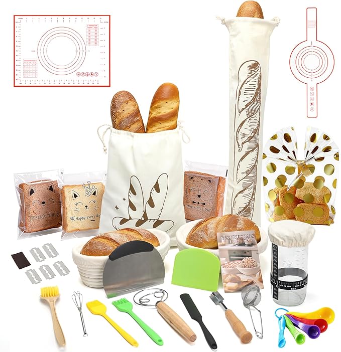 Sourdough Starter Kit Includes Round and Oval Proofing Baskets, Bread Hoops, Fermentation Jars, Dough Scrapers, Molds, and Storage Bags, A Complete Set of Bread Baking Tools (117PCS)