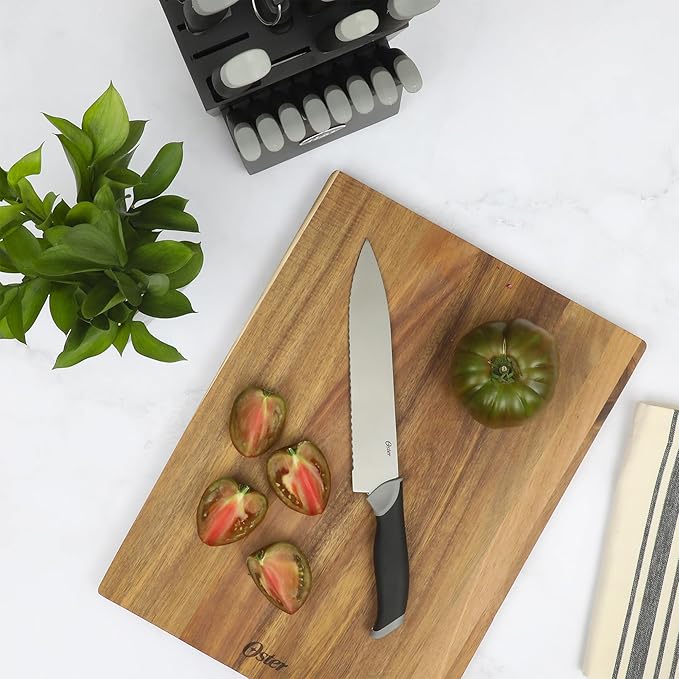 Oster Lindbergh 22 Piece High Carbon Stainless Steel Cutlery Kitchen Knife Block Set w/Black Knife Block - Black Handle - Cuchillos Para Cocina