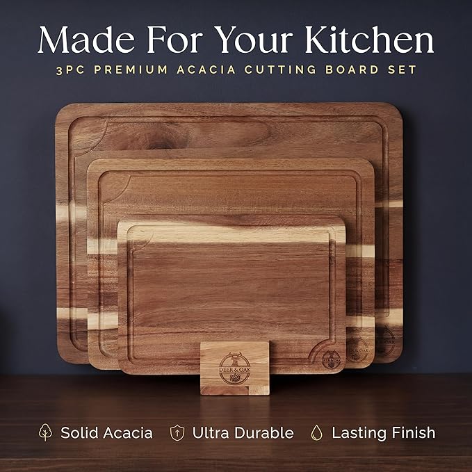 Pre-Oiled, Non Toxic 3-Piece Acacia Cutting Board Set with Stand, FSC Certified Wooden Chopping Boards, Includes 100ml Chopping Board Oil, 3 Size Wood Carving Boards for Home, BBQ Kitchens, Deer & Oak