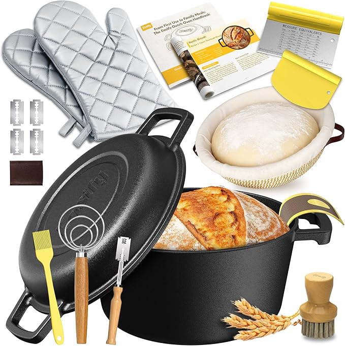 Cast Iron Dutch Oven for Bread Baking - Sourdough Starter Kit with Dutch Oven, Mitts, Banneton, Bread Sling & Baking Supplies, 5.46QT Pot with Lid for Sourdough Bread Baking, Frying, Braising & Camping