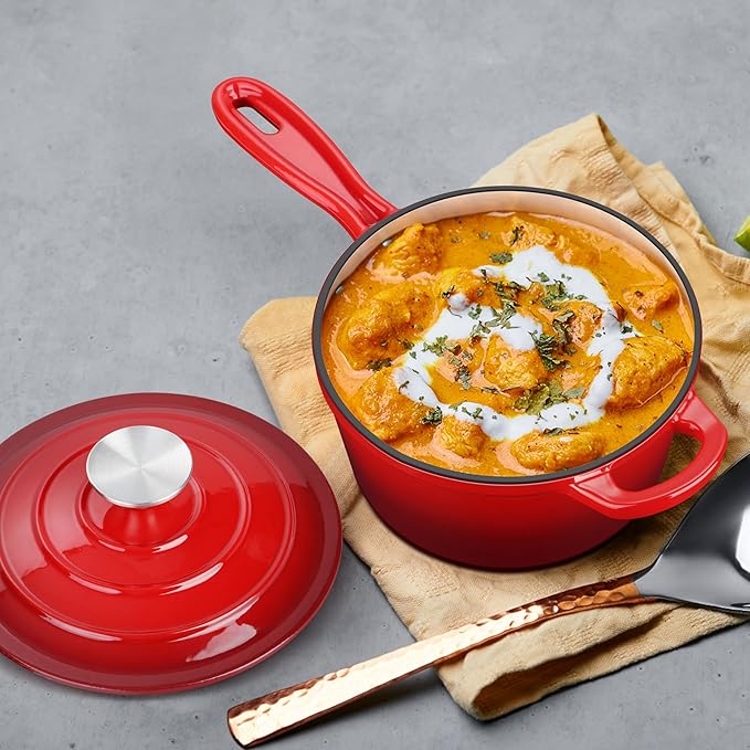 Enameled Cast Iron Sauce Pan with Lid, Leonyo 1 Quart Saucepan with Lid, Small Enamel Cast Iron Dutch Oven Kitchen Cookware for All Cooktops Cooking Pasta, Soup, Milk - Up to 500°F & 4.4Lbs, Red