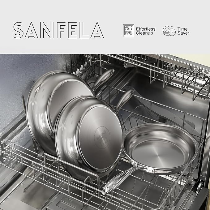 9.5 Inch Stainless Steel Frying Pan, 5-Ply Stainless Steel Pan, Dishwasher and Oven Safe, Induction Pan, Even Heat Distribution