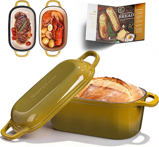 4.6-Quart Oval Dutch Oven for Bread Baking, 2 in 1 Enameled Cast Iron Bread Pan with Lid, Sourdough Bread Dutch Oven for a Crispy Crust, Olive