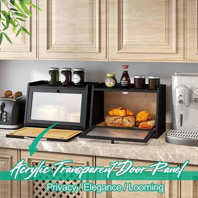 Bread Box with Cutting Board, Bamboo Bread Box for Kitchen Counter, Bread Storage Container with Wavy Arcylic Transparent Door (Black)