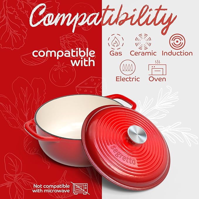 Segretto Cookware Enameled Cast Iron Dutch Oven with Handle, 4.57 Quarts, Rosso (Red) 4.57 qt Oven Safe Pot With Lid Ceramic Enamel Cast Iron Pot Cookware for Bread Baking, Soups