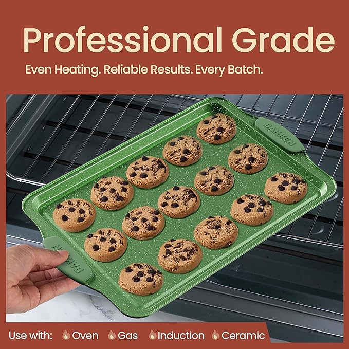BAKKEN Kitchen Baking Pan Set - Nonstick Green Marble Coating, Carbon Steel Bakeware Sets with Green Silicone Handles, Kitchen Essentials, PFOA, PFOS, PTFE Free, Oven Safe (Up To 450° F), Set of 8