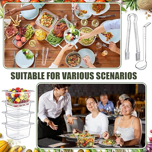 Rtteri 22 Pcs 1/6 Size Clear Plastic Pans Set: 16 Food Prep Containers & 2 Tongs & 4 Spoons for Salad Bar Buffet Restaurant Hotel Commercial Home for Fruit Vegetable Sauce Bean Corn Deli(4 Inch Deep)