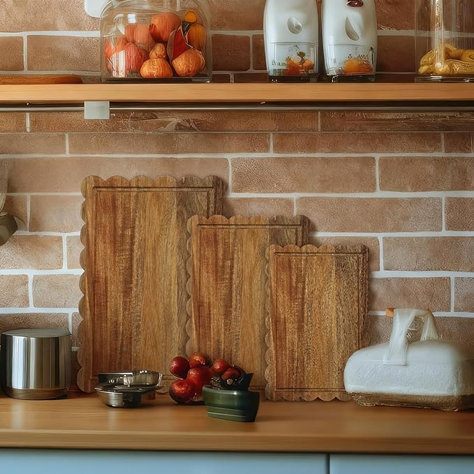 3 Pcs Acacia Wood Scalloped Cutting Boards for Kitchen with Juice Groove Blank Wood Charcuterie Tray for Snack Cheese Appetizers Grazing Platter Engraving Gift Crafts Rustic Wall