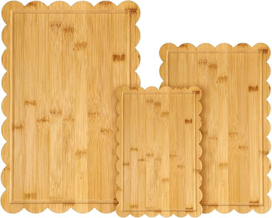 3 Pcs Bamboo Wood Scalloped Cutting Boards for Kitchen with Juice Groove Blank Wood Charcuterie Tray for Snack Cheese Appetizers Grazing Platter Engraving Gift Crafts Rustic Wall