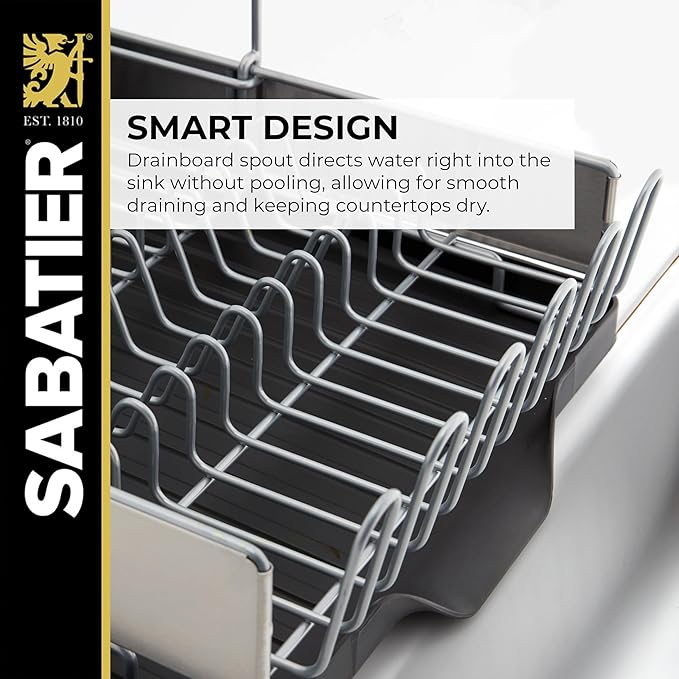 Sabatier Dish Drying Rack with Second Tier, Rust Resistant Wires and Angled Drain Board, Utensil Caddy Compact Dish Drying Rack