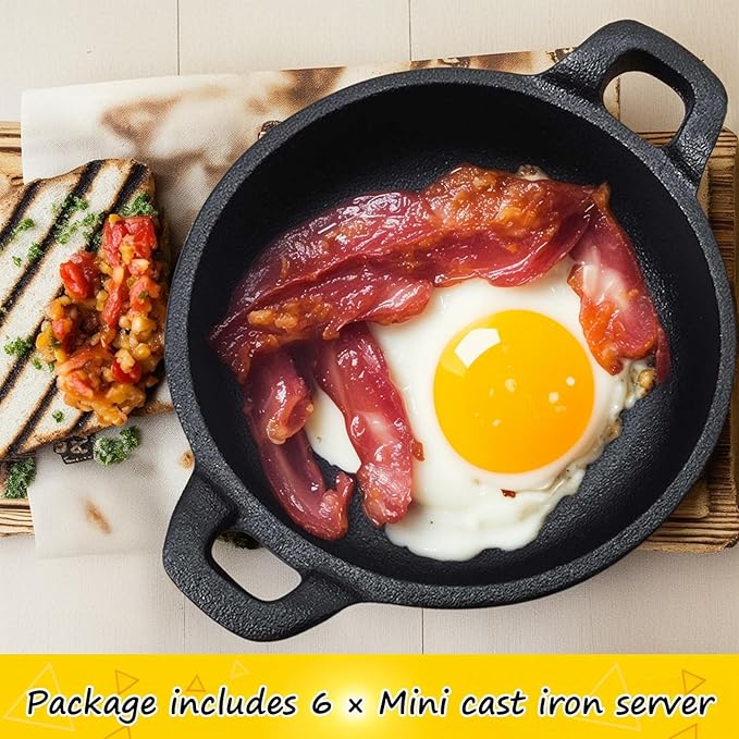 Mini Cast Iron Skillets Set of 6, 5 x 5 x 1.3 Inch Small Cast Iron Pan with Handles, Mini Ramekins Round Black Casserole Dish Cookware Small Skillets for Serving Food Frying Baking Cooking Roasting