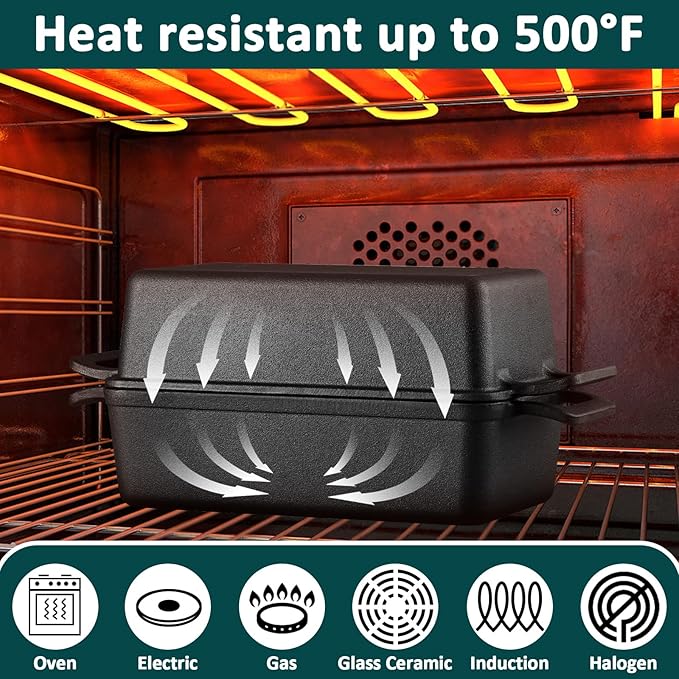 Leonyo 2 Piece Cast Iron Bread Pan, 9 x 5 inch Cast Iron Loaf Pan with Lid, 2-in-1 Pre-seasoned Loaf Dutch Oven for Baking Homemade Sourdough Bread, Pound Cake, Up to 500℉ & Oven Safe - Black