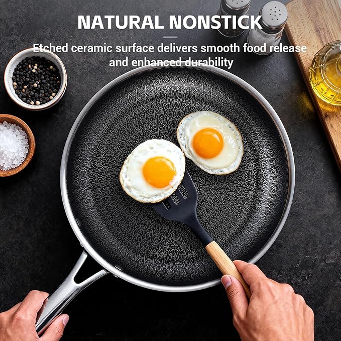 Ammeloo Tri-Ply Stainless Steel Frying Pan Set of 3, 8", 9.5", 11", Non Stick Frying Pans and Skillets, Non Toxic Hybrid Pan, Induction Compatible Cooking Pans, Chef Pan, Black Interior